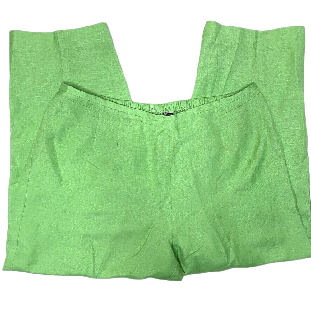 Linen Cropped Wide Leg Pants Flat Front High Waist Womens 18 Petite 18P Green